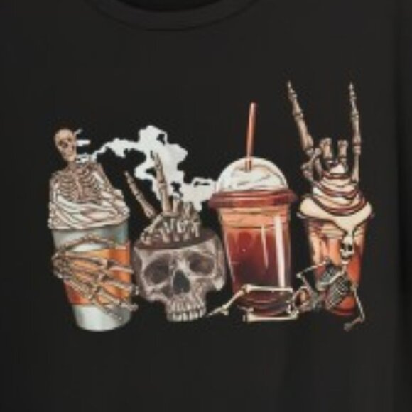 Discontinued Print Fall Halloween Stylish Skull Print Coffee Bar T-Shirt Plus 2X - Picture 3 of 5